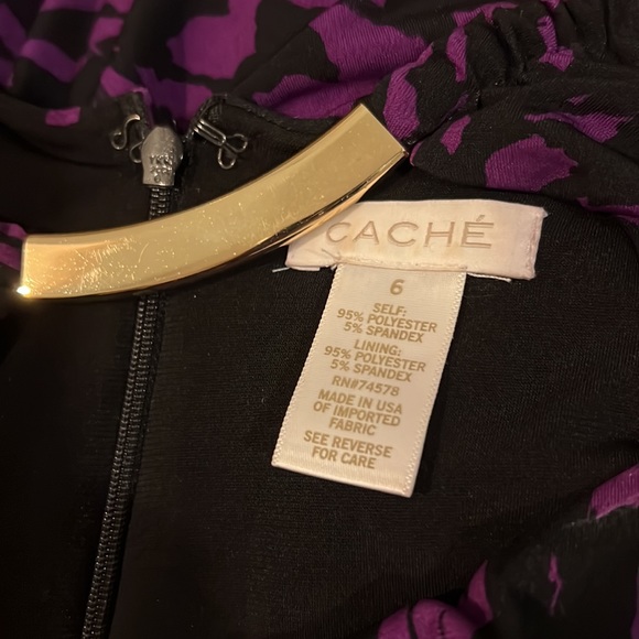 Caché Purple and Black Ruched Bodycon Long Sleeved Dress Size 6 Gold Neckline - Picture 10 of 10
